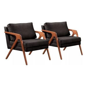 Kit 2 Poltronas Decorativa Mona Luxo Linho Preto Base Madeira Maciça