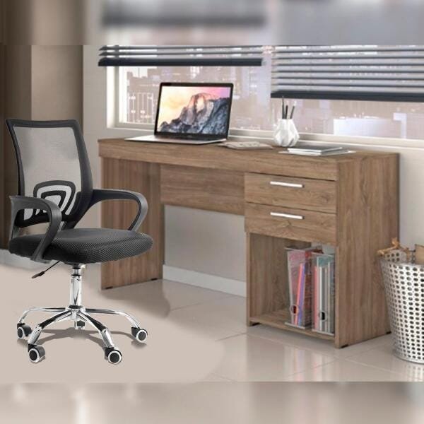 Conjunto Escritório Home Office com Escrivaninha 2 Gavetas Nogal Trend e Cadeira Giratória Tela