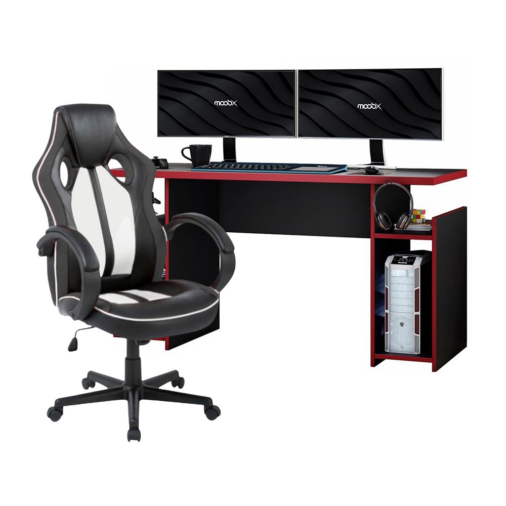 Mesa Gamer xp Vermelho + Cadeira Gamer Royale Preto e Branca - 1