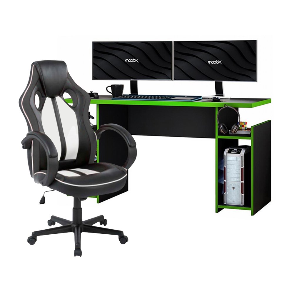 Mesa Gamer xp Verde + Cadeira Gamer Royale Preto e Branca - 1