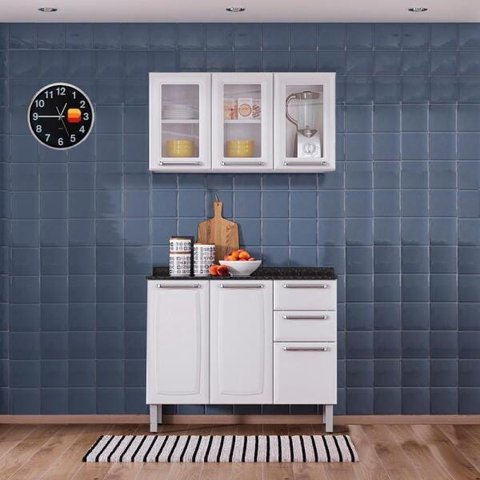 Kit Balcão 3 Portas 2 Gavetas Branco com Armário Aéreo 3 Portas 3 Vidros Branco Itatiaia Luce