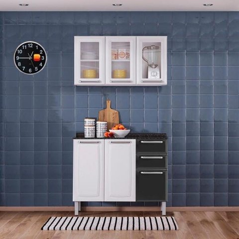 Kit Balcão 3 Portas 2 Gavetas Preto com Armário Aéreo 3 Portas 3 Vidros Branco Itatiaia Luce