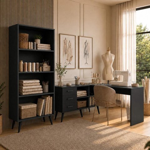 Kit Mesa de Costura 3 Gavetas 4 Nichos com Estante Retrô Multimóveis MP6107 Preto