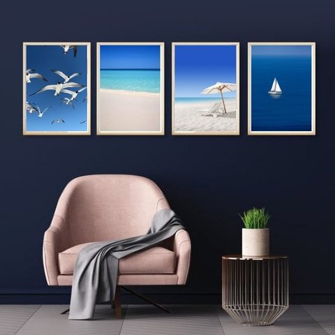 Kit 4 Quadros Decorativos Praia Azul 45x34cm:madeira Branca