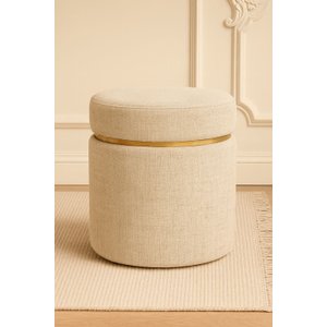 Puff Redondo com Cinta Dourada Superior Bege Linho