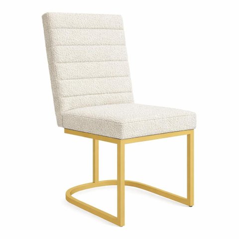 Poltrona Cadeira de Jantar Base de Ferro Mirelle Bordado Horizontal Boucle Bege