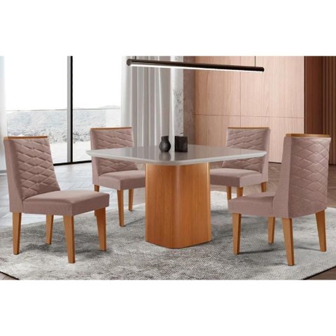 Conjunto: Mesa Sala Jantar Maldivas Tampo c/ Vidro Curvo 90cm+4 Cadeiras Dafne Madeira Naturale/Off