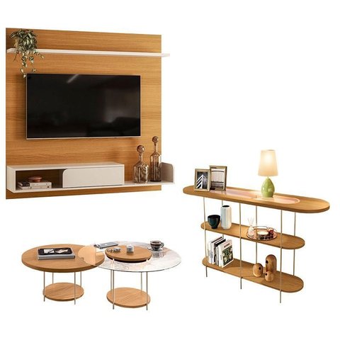 Painel para Tv Suspenso Evo com Kit Mesa de Centro Sky e Aparador Infinity Cinamomo Off White – Hb M