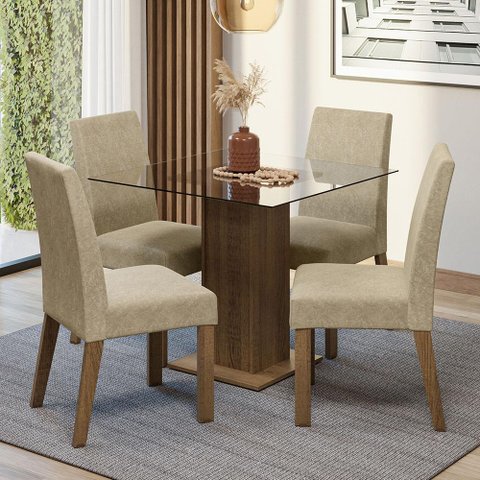 Conjunto Sala de Jantar Mesa Tampo de Vidro 4 Cadeiras Rustic/imperial Ivy Madesa