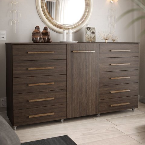 Cômoda 1 Porta 10 Gavetas com Rodízio Imperial Marrom/Capuccino
