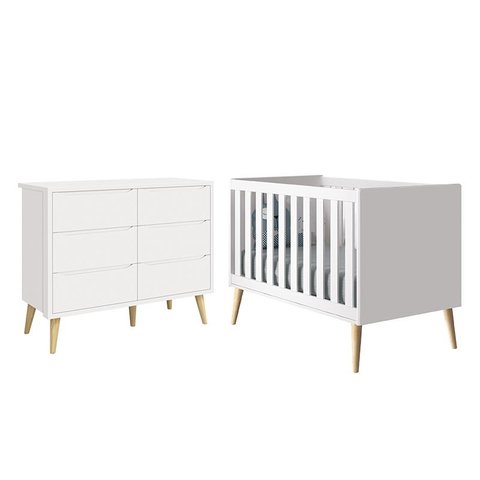 Jogo de Quarto Infantil Theo Cômoda 6 Gavetas e Berço Branco Fosco com Pés Madeira Natural - Reller