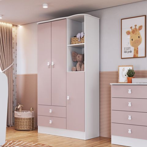 Guarda-Roupa de Bebê 3 Portas 2 Gavetas Baby Rosa/Branco