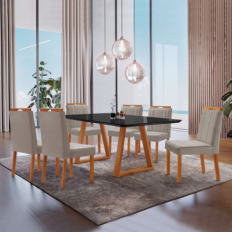 Conjunto Sala de Jantar Mesa Viena Madeira Maciça 160x90cm Tampo Retângular Vidro Preto com 6 Cadeir