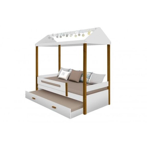 Cama Montessoriana Sara Solteiro com Cama Auxiliar e Led Branco/mel - Branco/mel