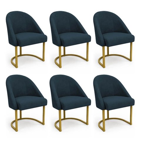 Kit 06 Cadeiras Poltrona de Jantar Lua Suede Azul Marinho Base Ferro Dourado Dal Poz Estofados