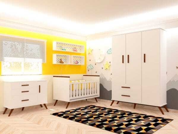 Quarto Infantil Retrô 3 Portas Branco com Berço Mini Cama - Baby Shop