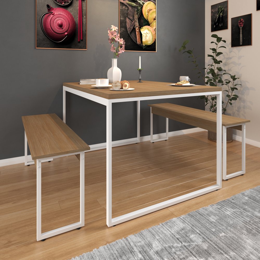 Conjunto Kit Top Mesa Sala Jantar 120 Com 2 Bancos Estilo Industrial Madeira Metal Branco - 1