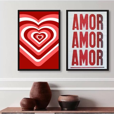 Kit 2 Quadros Decorativos Amor Amor Amor 24x18cm:madeira Preta