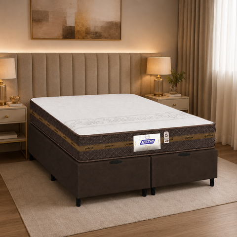 Cama Box Baú Queen Colchão Gazin Molas Flora 158x198x61cm (Marrom)