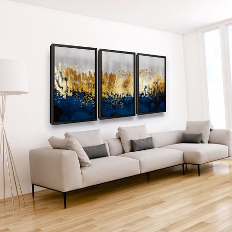 Quadro de Parede Moldura Abstrato Azul e Dourado Sala Hall