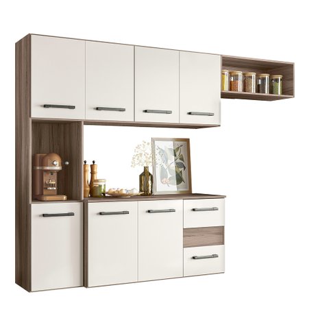 Armário Cozinha Compacta Suspensa C/ Balcão 7 Portas 2 Gavetas Juliete Nicioli Carvalho Nature / Off