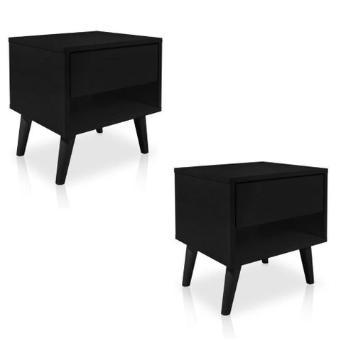 Kit 2 Mesas de Cabeceira 1 Gaveta 38 Cm Mdf Preto Pés Palito Mp
