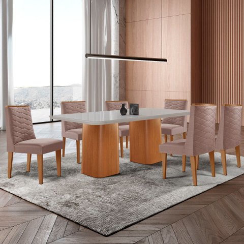 Mesa de Jantar Eloise 180cm Tampo Mdf Vidro com 6 Cadeiras Safira