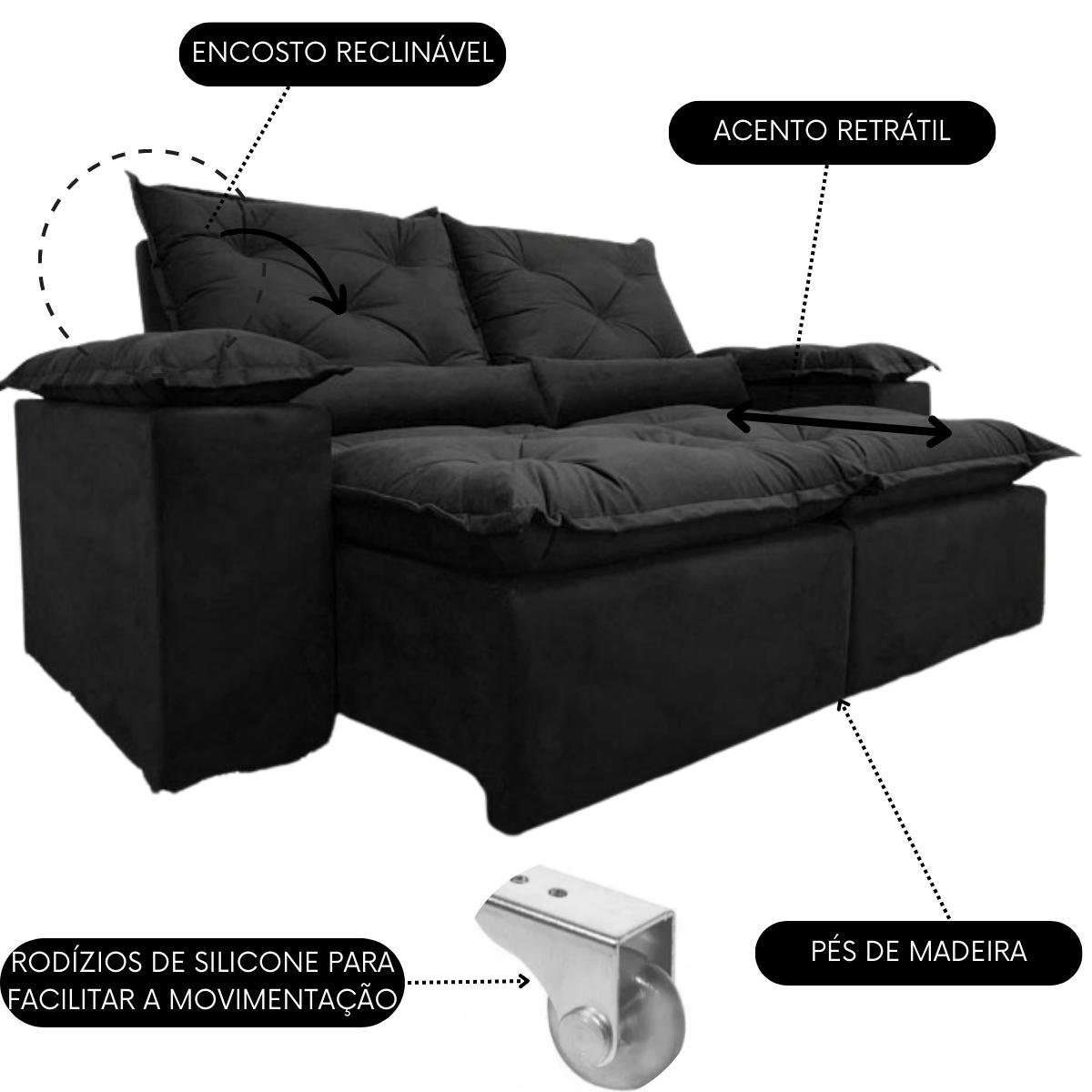 Sofa Reclinavel Retratil Design Elegante Athena 2,30m Veludo Cor:Preto - 2
