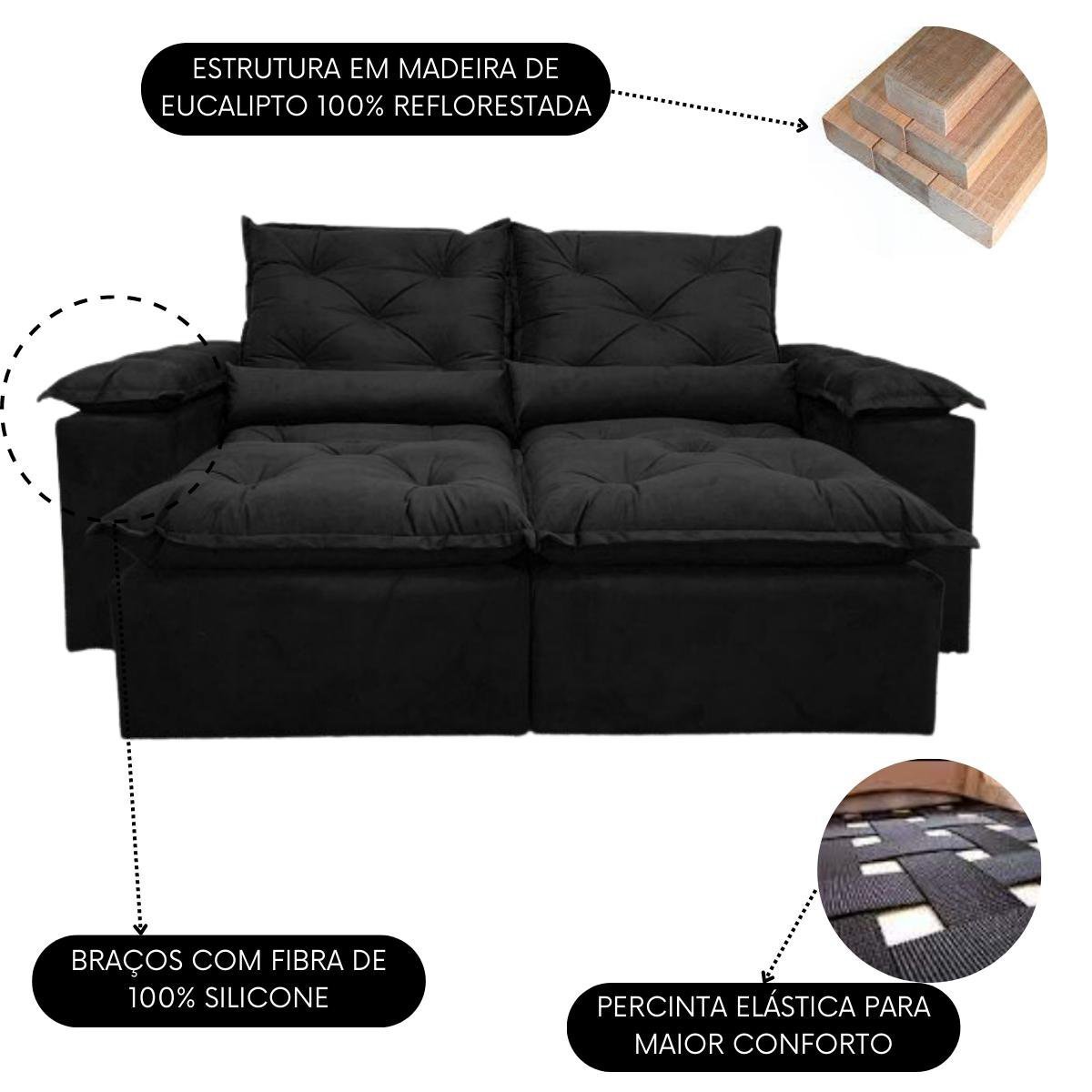 Sofa Reclinavel Retratil Design Elegante Athena 2,30m Veludo Cor:Preto - 3