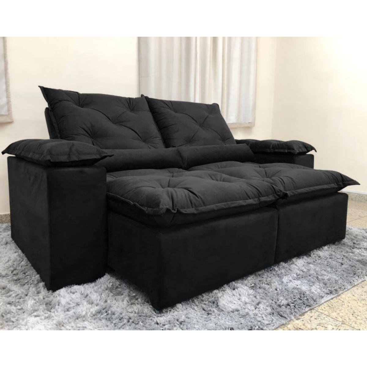 Sofa Reclinavel Retratil Design Elegante Athena 2,30m Veludo Cor:Preto - 6