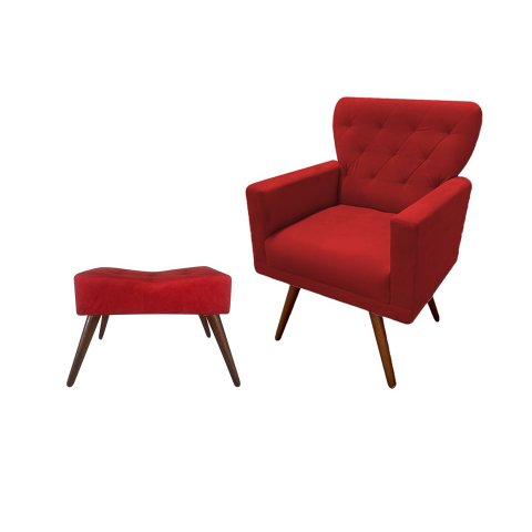 Kit Poltrona Decorativa Aurora + 1 Puff Retangular Suede Vermelho Pés Madeira Ms Decor