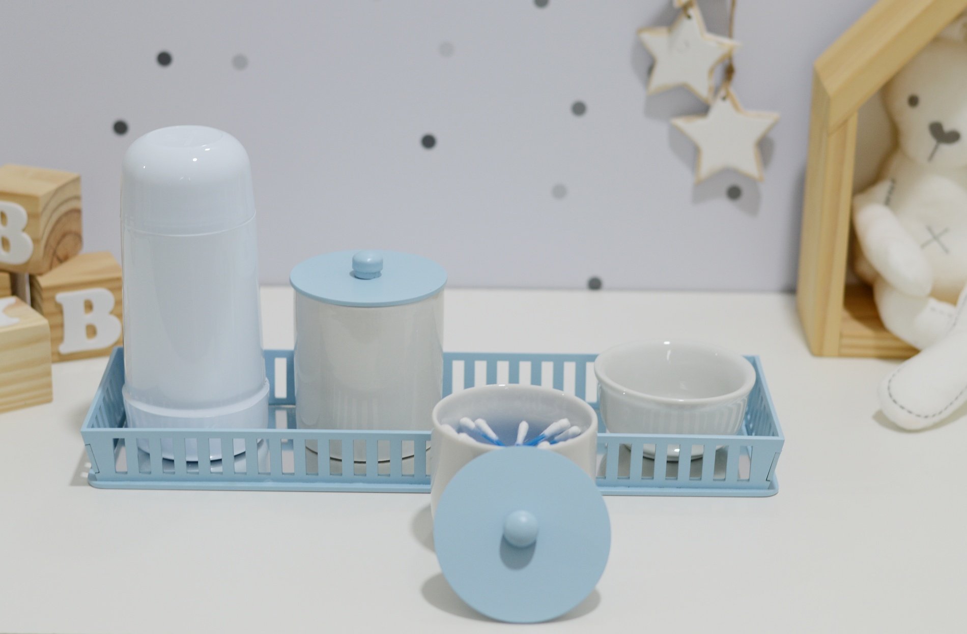 Kit Higiene Bebê Moderno Porcelana Quarto Térmica Banho - Azul