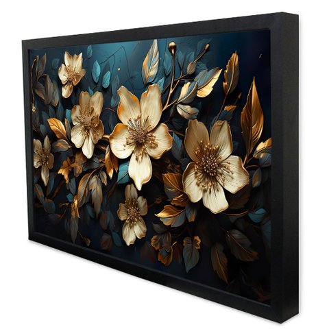 Quadro Decorativo Floral Luxo Azaléias Douradas em Moldura Caixa Tacolado Moldura Caixa 3cm Preta Co