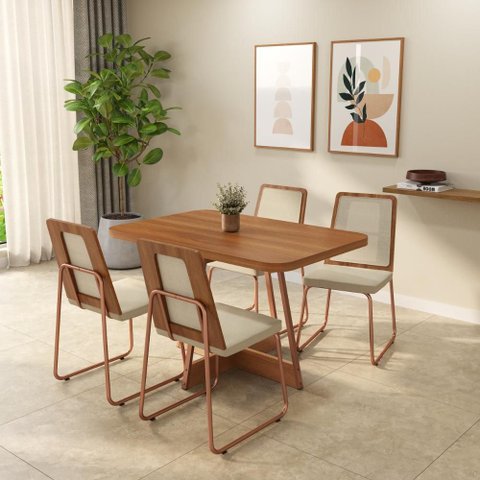 Conjunto Sala de Jantar 4 Cadeiras Filo Carraro Nogal Rosê