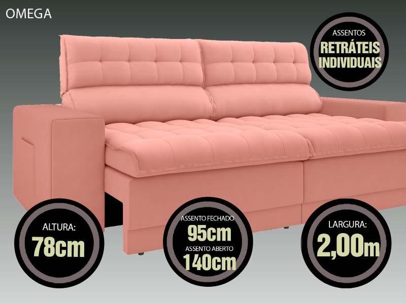 Sofá Omega 2,00M Assento Retrátil e Reclinável Velosuede Rose - Netsofás - 3