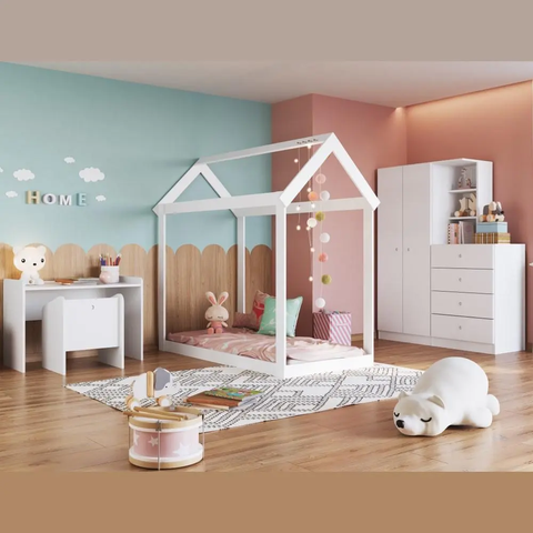 Kit Conjunto Quarto Infantil Montessoriano c/ Cama Casinha, Escrivaninha, Poltrona e Guarda Roupa