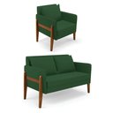 Ver imagem 1 de Kit 1 Sofá Namoradeira e 1 Poltrona Lana Veludo Verde Base de Madeira - D’Rossi
