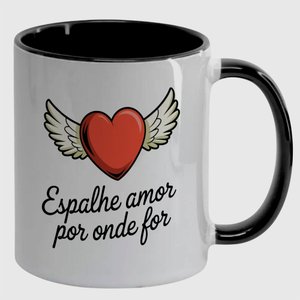 Caneca Branca com Interna Preta Y5 Espalhe o Amor Coração Asas