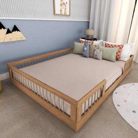 Cama Infantil Montessoriana Casal com Grades em Pinus Lume Marrom/Carvalho Mel