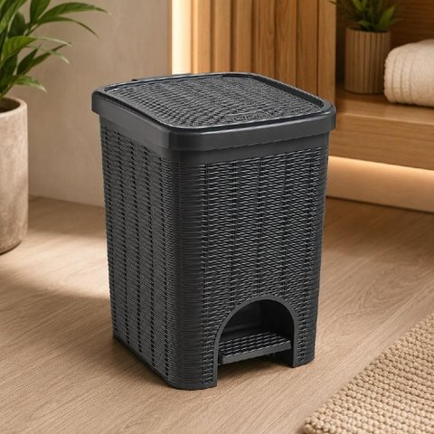 Lixeira Vime com Pedal 12L Plastico Tampa Removivel Balde Interno Cinza Chumbo