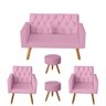 Kit Sofá 2 Lugares e 2 Poltrona Para Sala Bianca Capitonê e 2 Puff Redondo Suede Rosa Bebê - Mó - 1