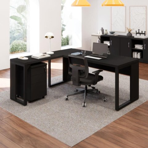 Mesa de Escritório em L 170 cm X 160 cm 40mm Pés Metal com Gaveteiro F5 Office Cor:Preto