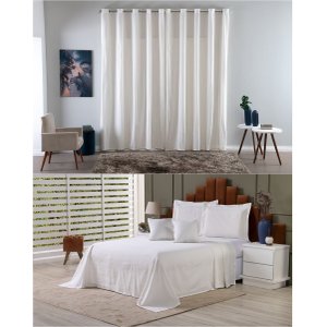 Kit Colcha Cobre Leito Queen + Cortina 2 Metros Tecido Rústico Topázio 6 Peças:palha