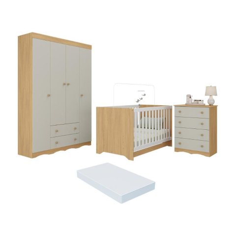 Quarto de Bebê Completo Berço Americano 3x1 Colchão Realeza Multimóveis Mp4603 Madeirado/off