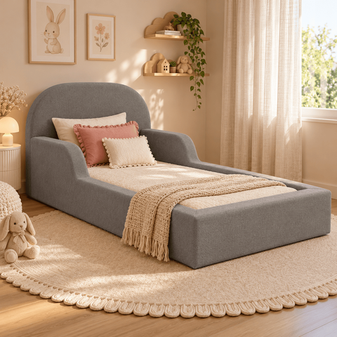Cama Montessoriana Infantil Solteiro Estofada com Colchão e Proteção Lateral - Cinza