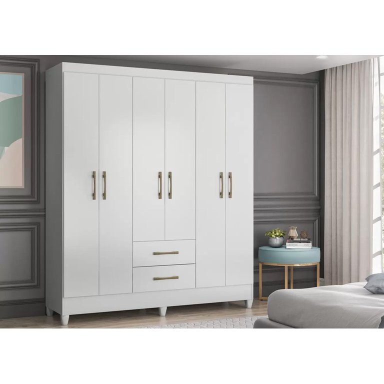 Guarda Roupa 6 Portas 2 Gavetas Branco Moval Móveis Panamá 182x153x47