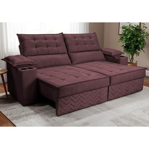 Sofá Retrátil e Reclinável 2,40m Verona com Porta Copos Velupluma Vinho Cama Inbox