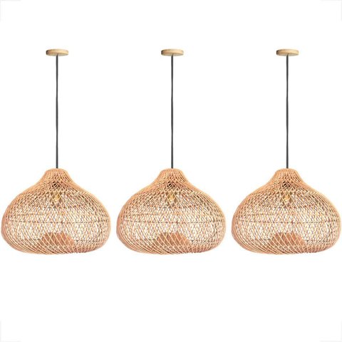 3 Pendente Fibra Natural Rattan Artesanal Gota Mesa NAT76