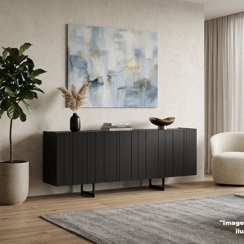 Buffet Aparador 100% MDF 4 Portas Frisado 180cm Pés em Metal Preto Luna