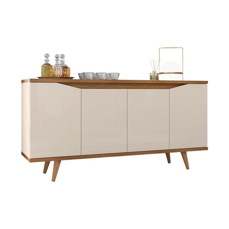 Aparador Buffet Grace com 4 Portas e Pés de Madeira Maciça Off White/Cedro